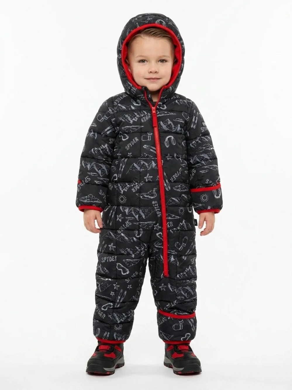 Spyder Snowsuit Bunting Hooded Sherpa Lined Doodle Print Black Red 24M